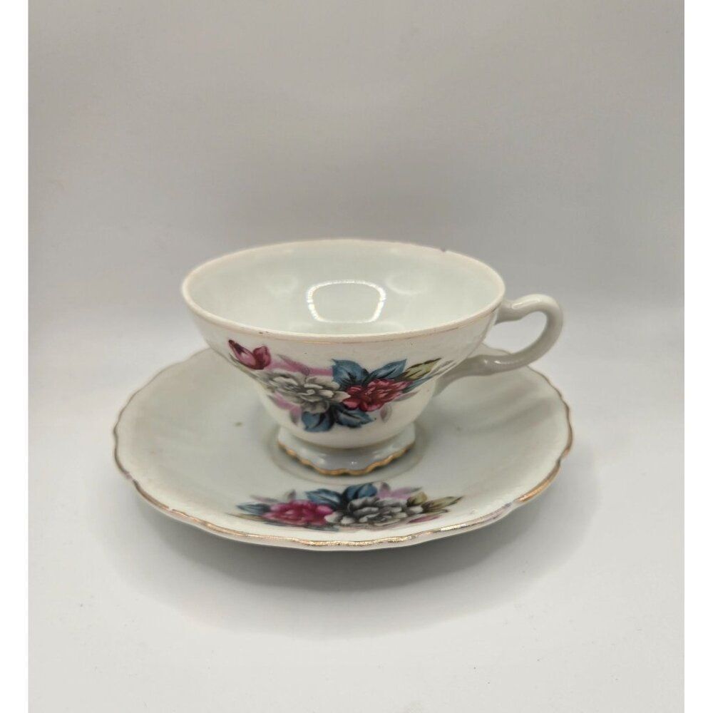 Vintage Fine Bone China Floral Teacup Saucer Set Gold Trim Japan